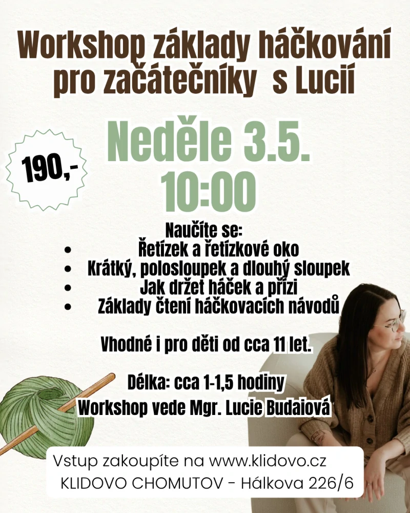 Workshop základy háčkování pro úplné začátečníky Ne 3.5. 10:00